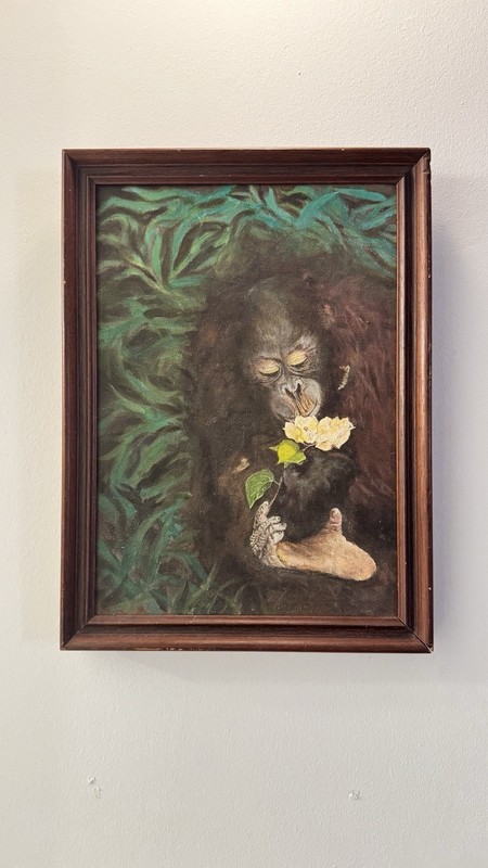 Vintage Framed Realist Canvas Painting Orangutan with Flowers – Animal Art Frame