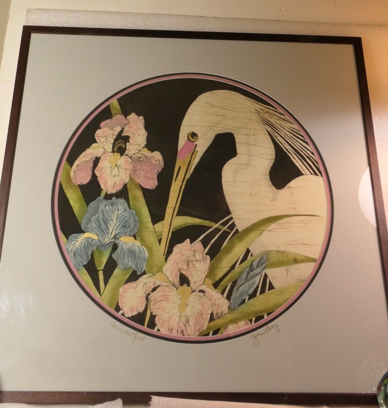 ARTIST JOAN GREY BATIK PAINTING ORIGINAL MIDWEST TITLE IRIS WITH EGRET