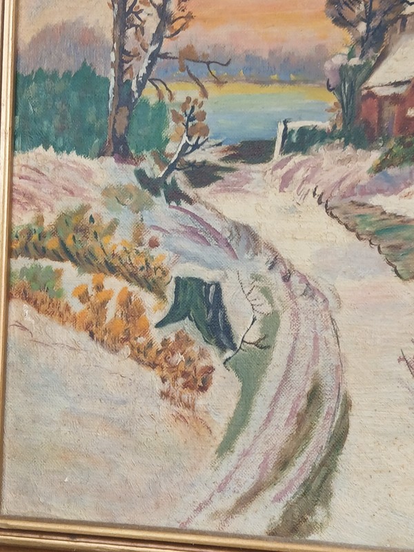 1953 Vintage Original Oil Painting of A Winter Day Signed Framed Unknown Artist gallery