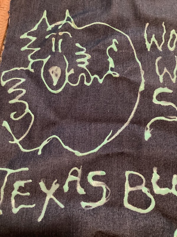 Found GRAFFITI ART Railroad Train WOLFIE WOODS Tag Blue Denim Cloth Texas Blues gallery