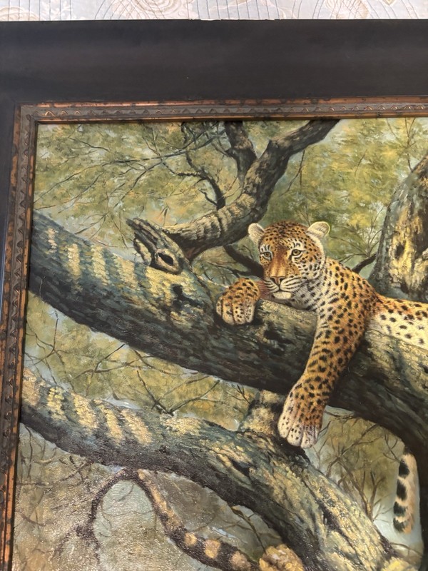 Vintage Signed Oil Painting “ Leopard Resting In Tree” Print 24x20 Framed 33x29 gallery