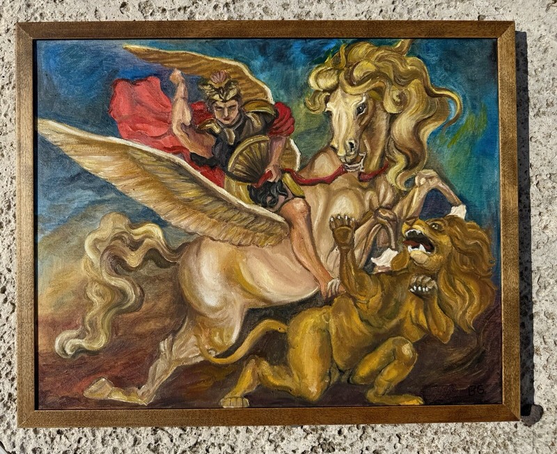 Original Oil Painting By Bailey Gardner, Signed- Bellerophon And Pegasus 21x17in