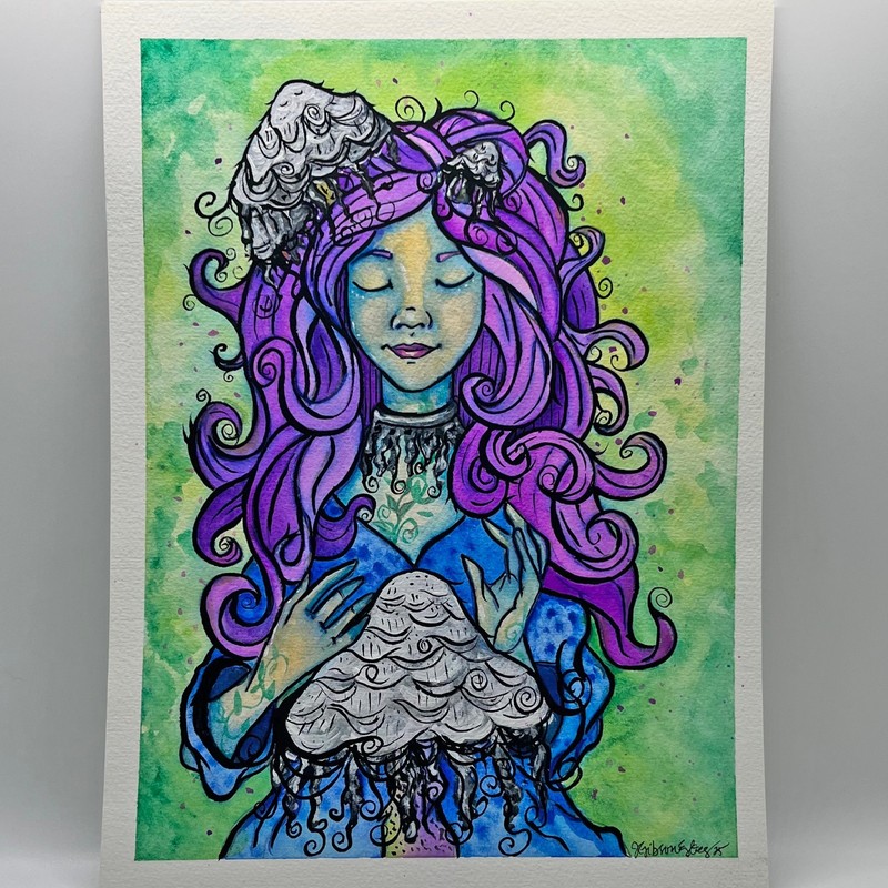 ORIGINAL 9×12 Fantasy Portrait Mushroom Girl Watercolor Ink Painting OOAK