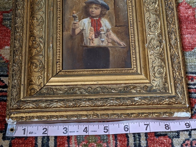 ANTIQUE 19th CENTURY OIL PAINTING BOY with FIGURINES/DOLLS picture gallery