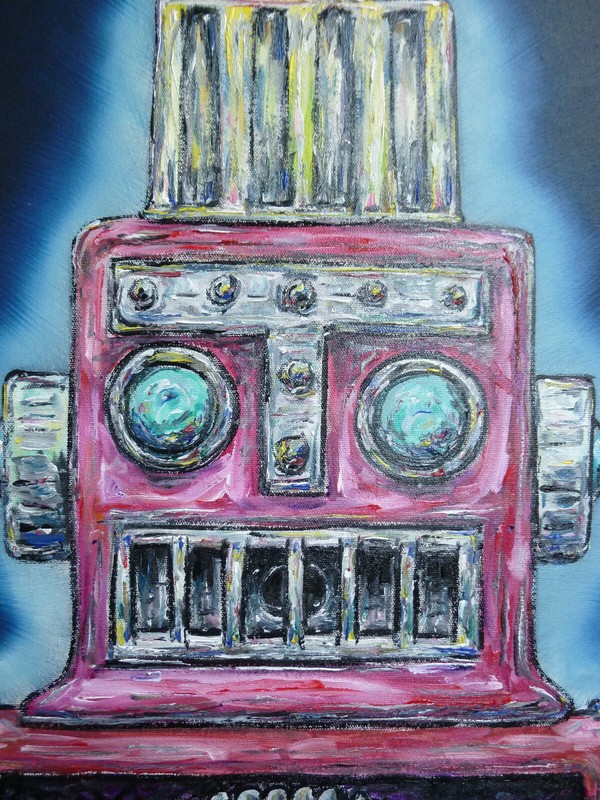 BIG RED ROB 16x20 canvas retro ROBOT mech oil painting original signed CROWELL gallery