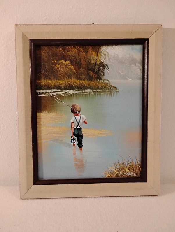 Vintage Original Oil Painting Of Little Boy Fishing By C. Manuel