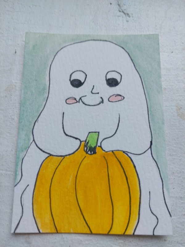 ACEO Original Hand Painted OOAK Cute Whimsical Fall Pumpkin Ghost Halloween Art gallery