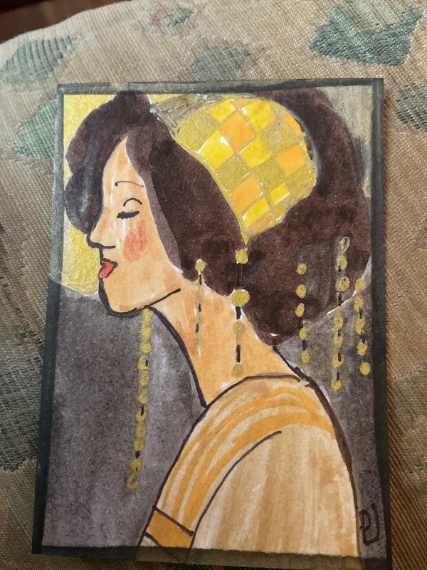 ACEO watercolor art by PJ, art card 2.5 x 3.5: lady in gold tones. gallery