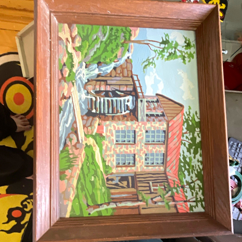 Framed Folk Art Painting Waterfall Building Trees Landscape Nature Architecture