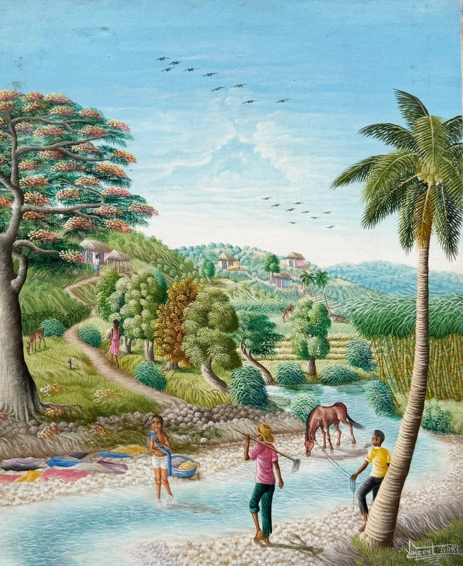 COLLECTORS ORIGINAL HAITIAN ART PAINTING BY GARY VINCENT RURAL VILLAGE LIFE 24