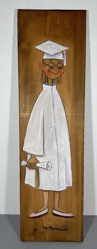 Brother Matthew OSF Painting of Graduate on Wood Plank Cap Gown 26″x7″ Signed