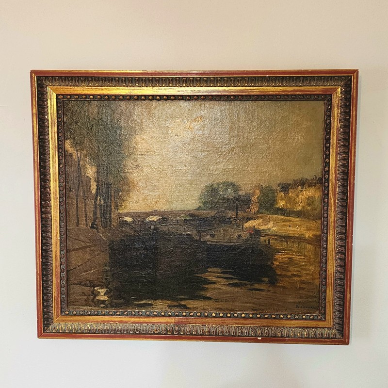 August Boulard 1825-1897 – Original Oil Painting on Canvas Harbor Scene Art