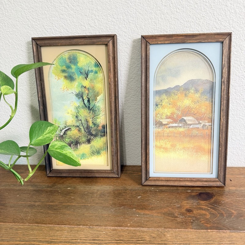 Vintage American Rural Landscape & Farms Set of 2 Small Framed Decor