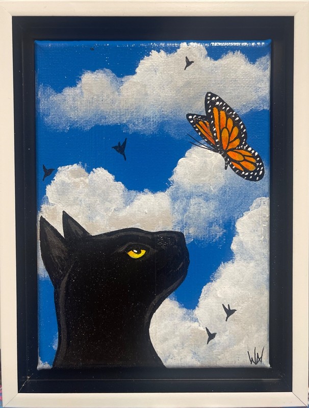 Original Painting by WAV Black Cat And Butterfly 5×7”Acrylic, framed COA