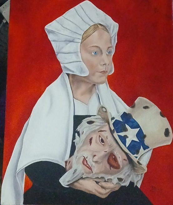 Dutch woman with Uncle Sam’s head in her lap Painting Signed 2013 Unframed