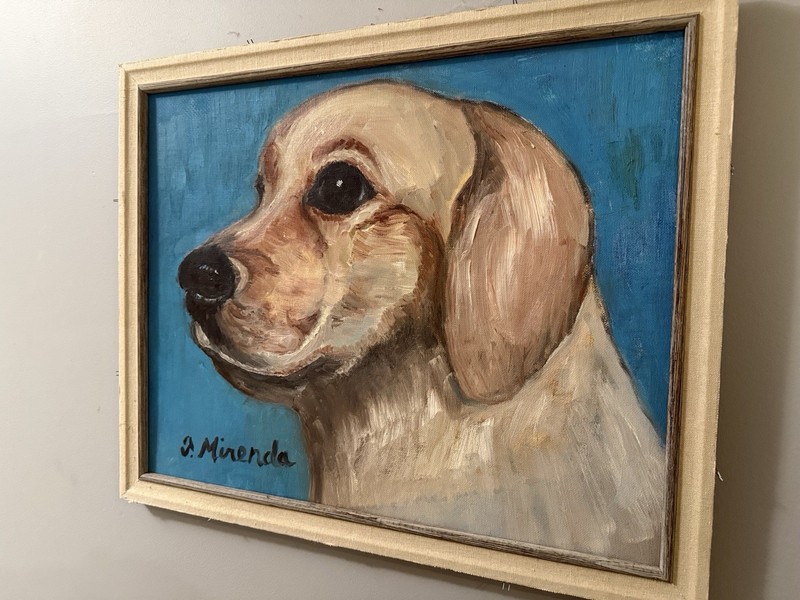 Vintage 1960’s Golden Labrador Painting by J. Mirenda on Canvas board 18×20