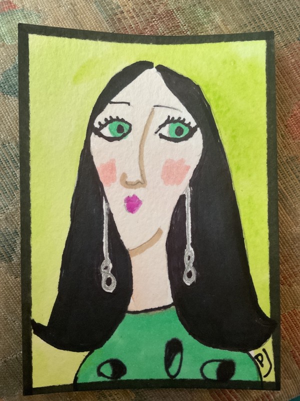 ACEO watercolor art by PJ, art card 2.5 x 3.5: lady green eyes. gallery