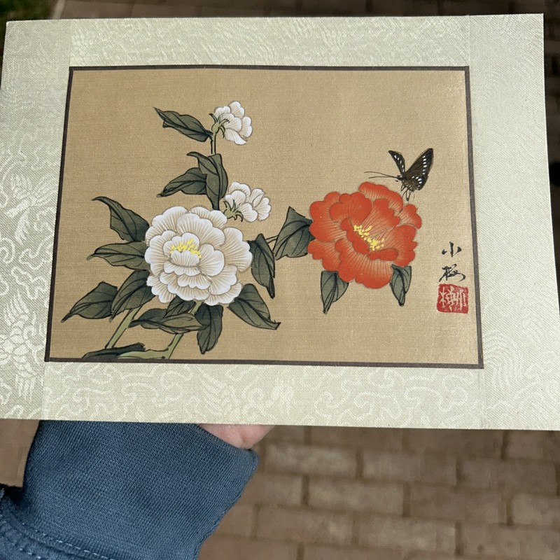 Asian Watercolor On Silk Paper Vintage Oriental Painting Butterflies on Flower