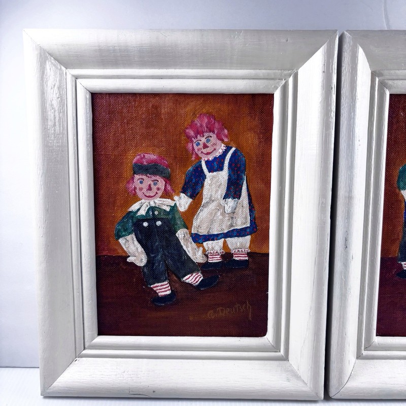 Raggedy Ann & Andy Framed Folk Art Signed by A. Deutsch Vintage MCM gallery