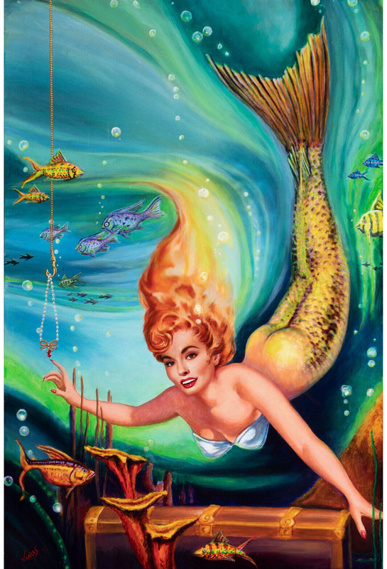 HOW TO CATCH MERMAID Daniel VANCAS Pinup Ann Blyth Mr. Peabody 40″ Giclee Canvas