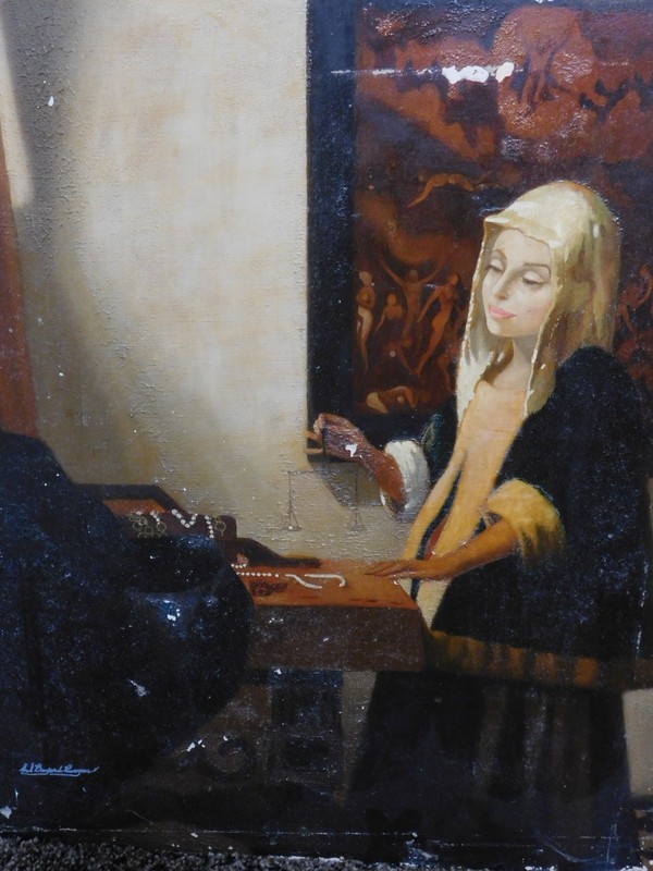 Re-imagined VERMEER ; HAL RUNYON (1907-1993, S.F.) GIRL w/ PEARLS, Signed, As Is