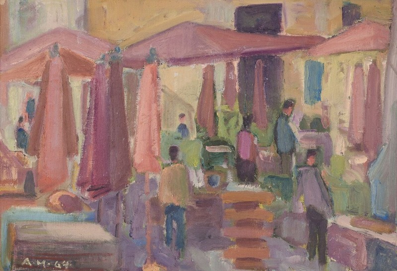 Aksel Møller, Danish artist. Oil on canvas. Market scene with people.