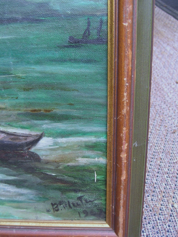Vintage Expressionist Harbor Oil Painting Fishing Boats Signed gallery