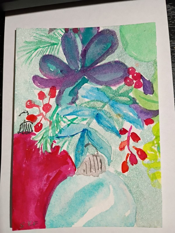 Christmas Ornament, Greenery Berries ACEO Original Watercolor Painting Free Ship