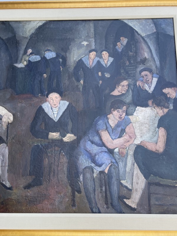 ANTIQUE BAR PAINTING FRENCH PORTRAIT CLUB SOCIAL 1920'S LARGE OIL WPA STYLE RARE gallery