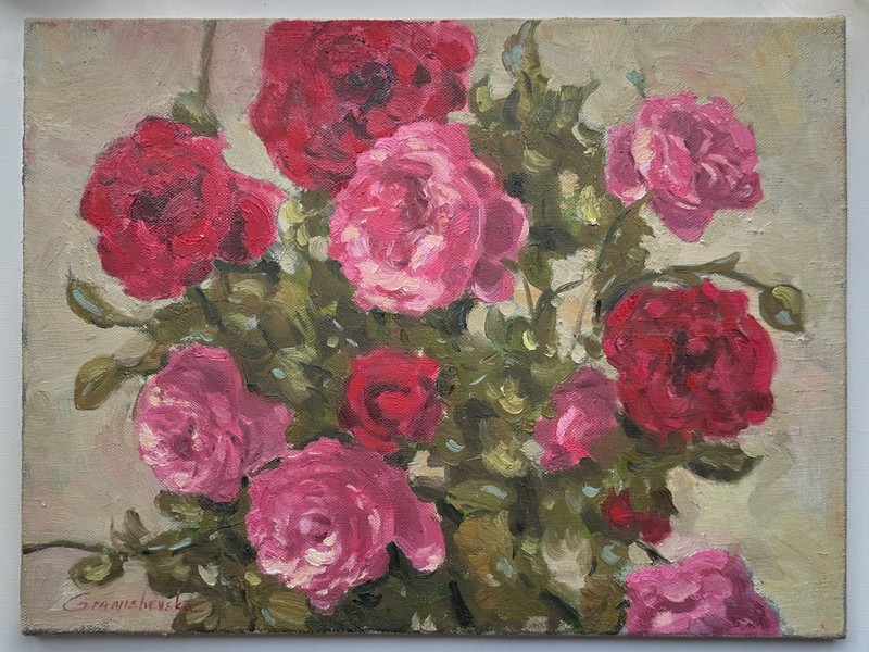 Original art still life floral oil painting on canvas «Roses» 11,8*15,7