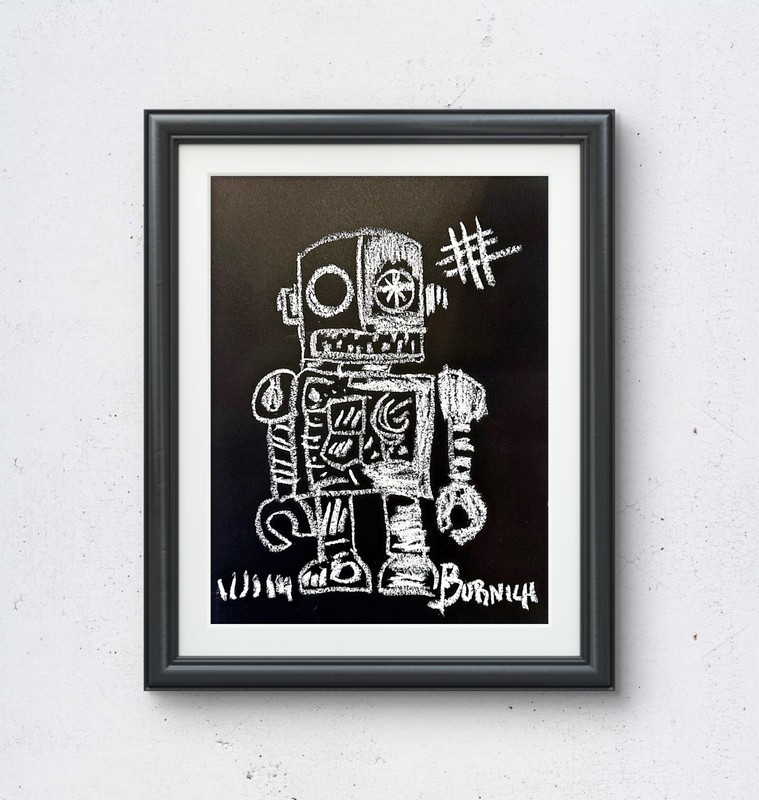 Robot #2 Oil Pastel 9×12 Paper B&W Abstract Pop Neo Expressionism Modern Design