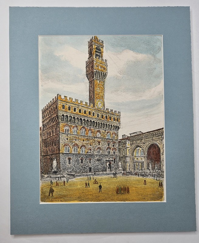 Antique by Bela Sziklay Hand-Colored Etching of Palazzo Vecchio Signed & Matted gallery