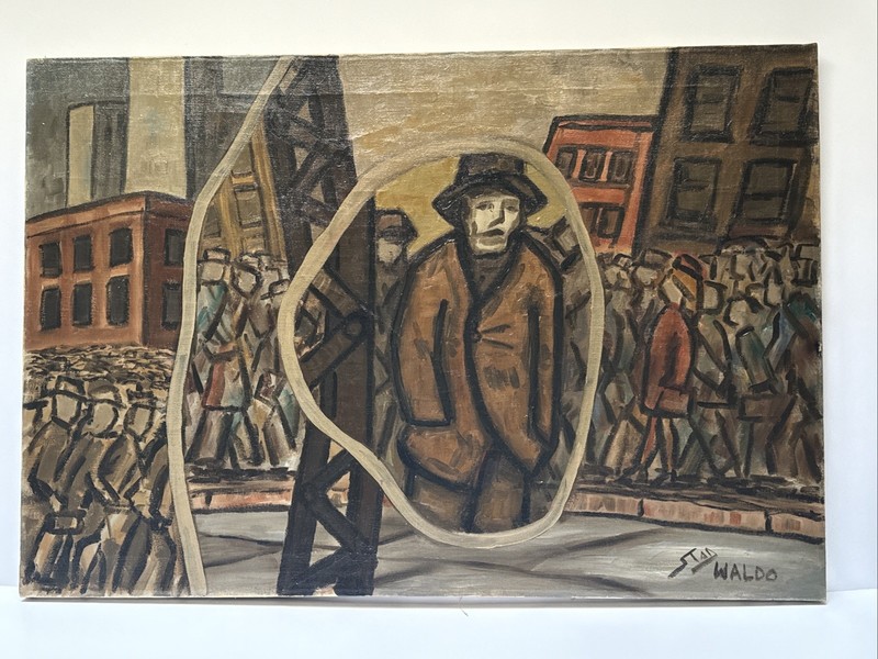 Antique Painting WPA Style Urban Industrial Street Scene People Stanley Waldo