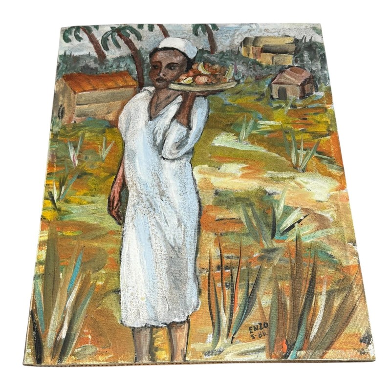 Vintage 1986 Enzo Woman Food Village Scene Original Canvas Painting Signed 11×14