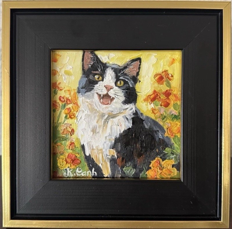ORIGINAL OIL PAINTING TUXEDO CAT PORTRAIT SIGNED FRAMED 4×4