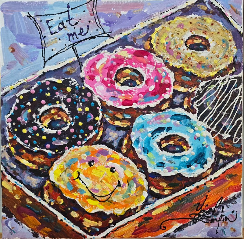Original Donuts Painting – Mixed Media Acrylic Wall Art on Canvas, 12 x 12 in