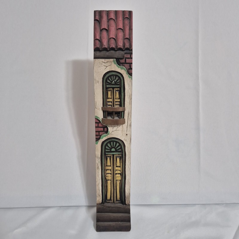Vtg. Burnwood Folk Art Doorway Window Scene 3 Dimensional Hand carved Rare 16″