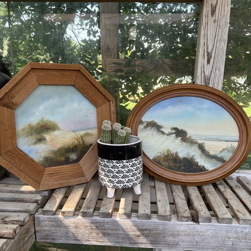(2) Beach Seagull Wave Break Original Wood Framed Paintings by Margie Cunningham