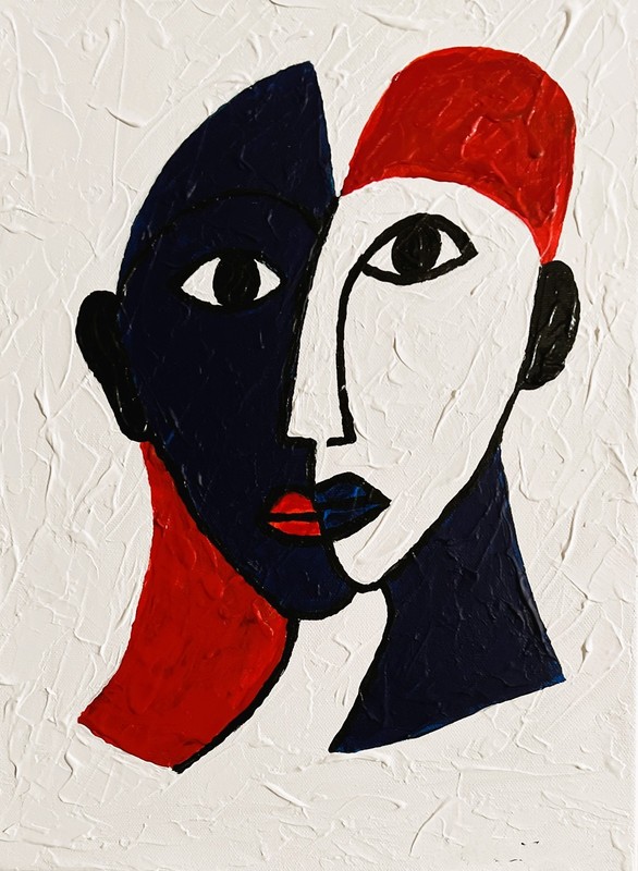 ORIGINAL MODERN ABSTRACT PAINTING RED WHITE BLUE FIGURE 12X16 CANVAS SIGNED COA