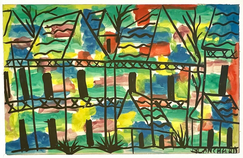 Original Signed JESSE BLANCHARD Watercolor & Ink Painting Color Abstract Houses