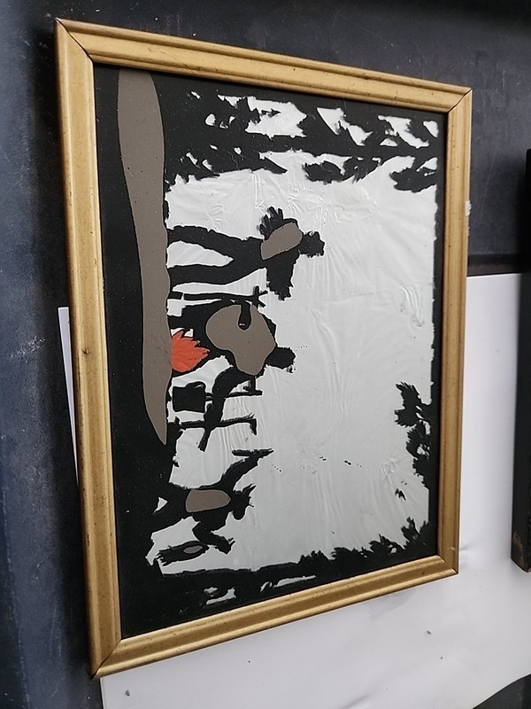 Antique Reverse Foil Painted Art Glass Silhouette Fishing Camping Rare
