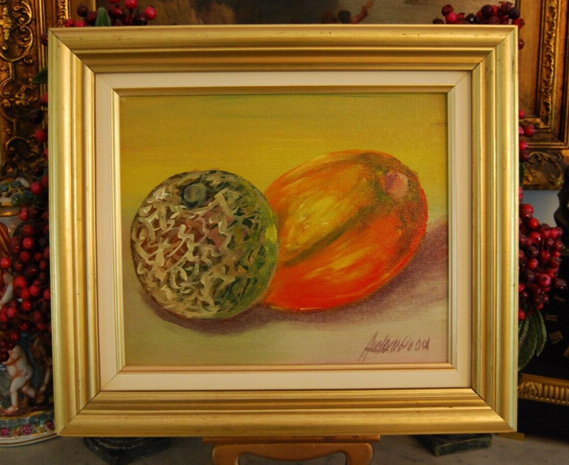 FRAMED SIGNED ORIGINAL OIL «MANGO AND CANTALOUPE MELON FRUITS» A STILL LIFE