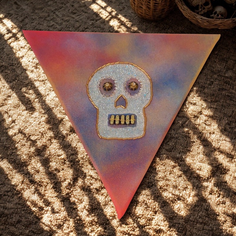 Dia de Los Muertos Sugar Skull Original Art 3D Beaded Triangle Folk Art Painting