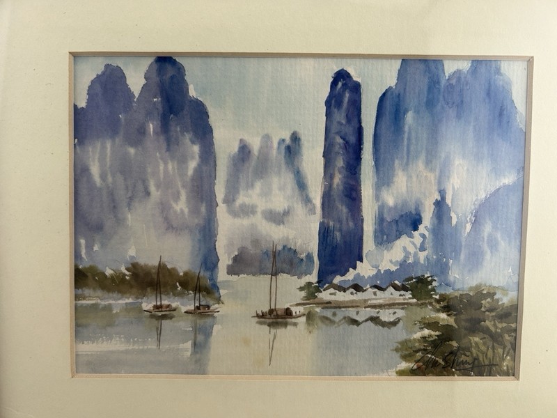 Chi Shing Riverboat Landscape Original Watercolor Painting Framed - Mid 20th C. gallery
