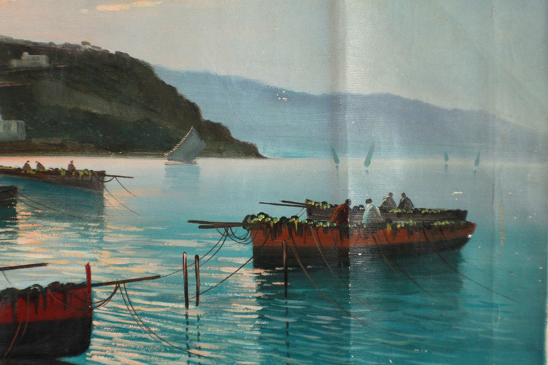 Antique Seascape With Boats And Mountains Scene Oil Painting Singed G. Levre gallery
