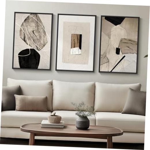 Set of 3 Modern Canvas Wall Art – 16″ W x 24″ H – Neutral – Framed Abstract Art