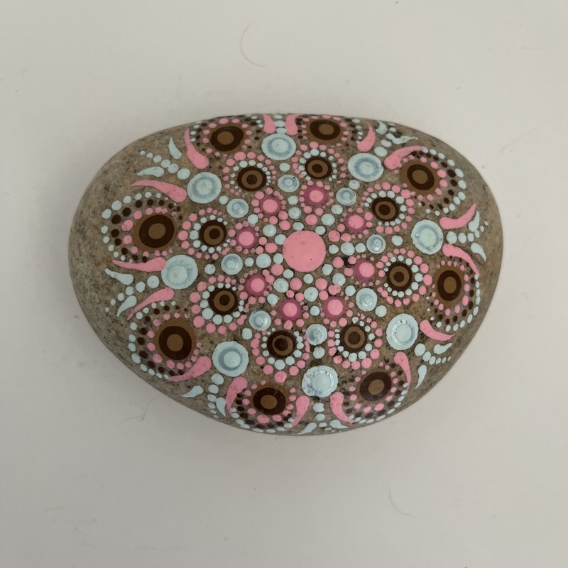 Hand Painted Dot Mandala On Light Colored Art Stone Blue/Pink/Brown 4 Inches