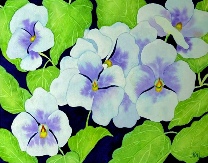 PAINTING WATERCOLOR ART PANSY FLOWER BLUE PURPLE 11X14 & DOUBLE WHITE MAT 16X20