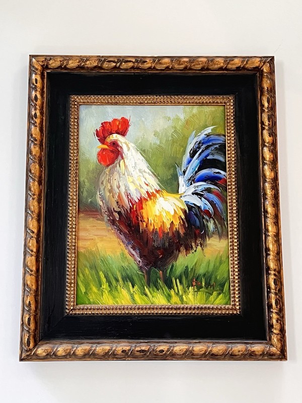12x16Rooster Oil Painting Custom Framed In Black & Gold Wide Frame 19.5×23.5