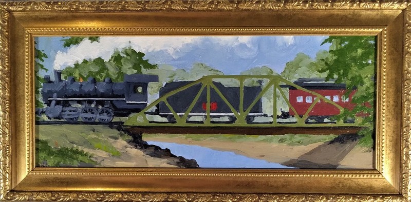 Train on Bridge Impressionism Oil on Board 7″h X 14″w Framed by Phil Fake